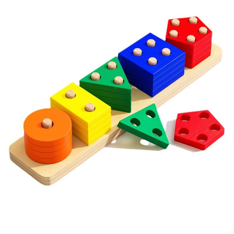 Cross-Border Wooden Geometric Shapes Five Sets of Column Color Shape Cognitive Matching and Disassembly Children's Early Education Enlightenment Toys