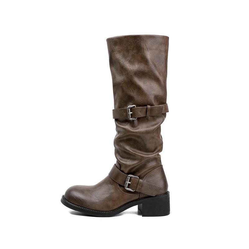 Sheepskin ~ Retro Double-Button Western Boots for Women 2025 New Versatile Distressed Knight Boots Thick-Soled Boots for Women Autumn