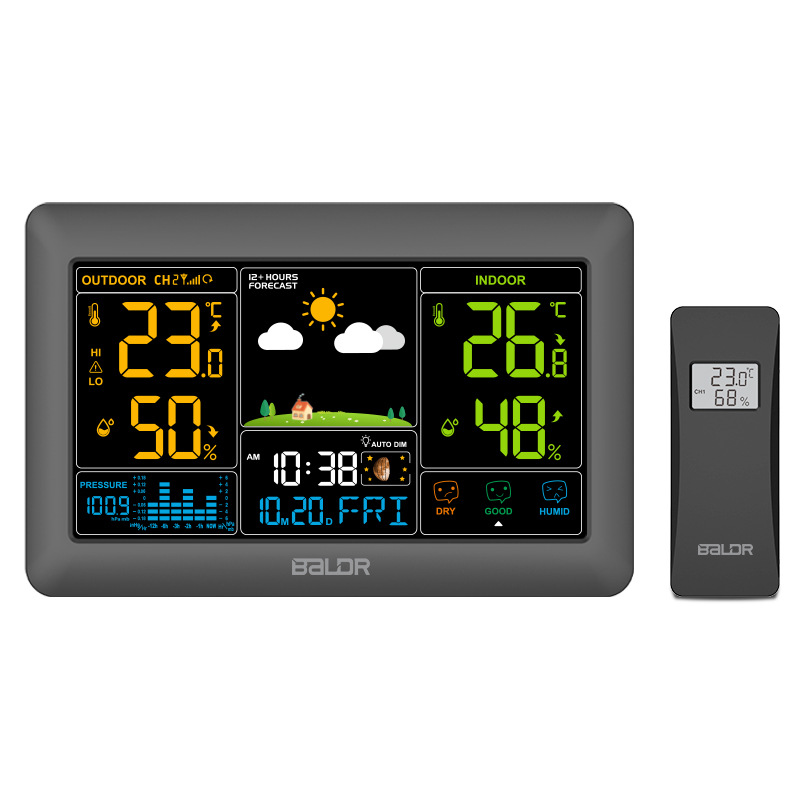 Baldr Spot Color Screen/Large-Screen Weather Station Detection Temperature and Humidity Meter with Display Transmitter