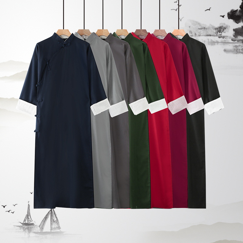 Длинная рубашка из хлопка и льна, китайский стиль, длинное платье, костюм для чаепития, костюм для выступлений