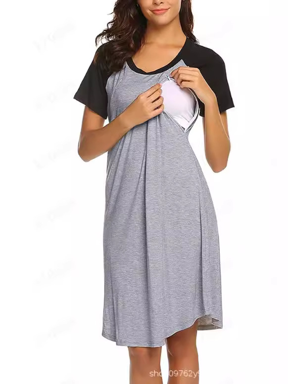 Foreign trade maternity clothes Amazon explosion round neck short sleeve breast-feeding opening color matching pregnant women dress pajamas
