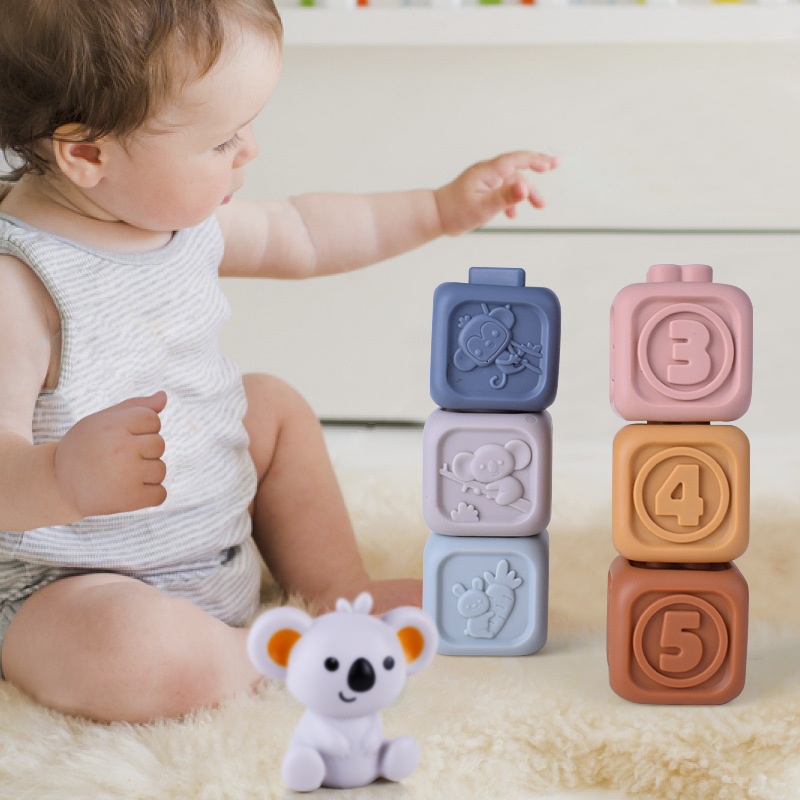 Cross-Border baby soft rubber building blocks stacked music can bite teeth rubber ring baby 0-1 years old early education educational toys for children