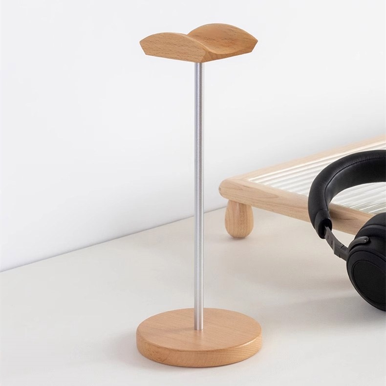 Head-Mounted Solid Wood Headphone Stand Hanger Metal Bracket Headset Stand Computer Desktop Headphone Storage Display Shelf