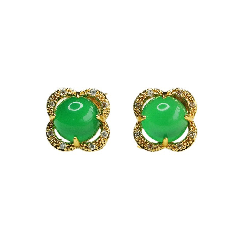 Aiyu Green Agate Earrings Ice Green Chalcedony Four-leaf Grass Earrings Earrings Factory Wholesale AY4013007
