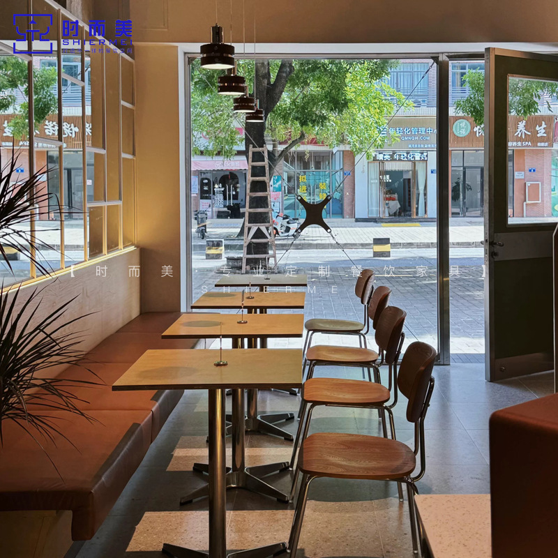 Middle Ancient Style Cafe Ocean Board Table and Chair Combination Milk Tea Dessert Shop Commercial Solid Wood Dining Table Simple Small Square Table