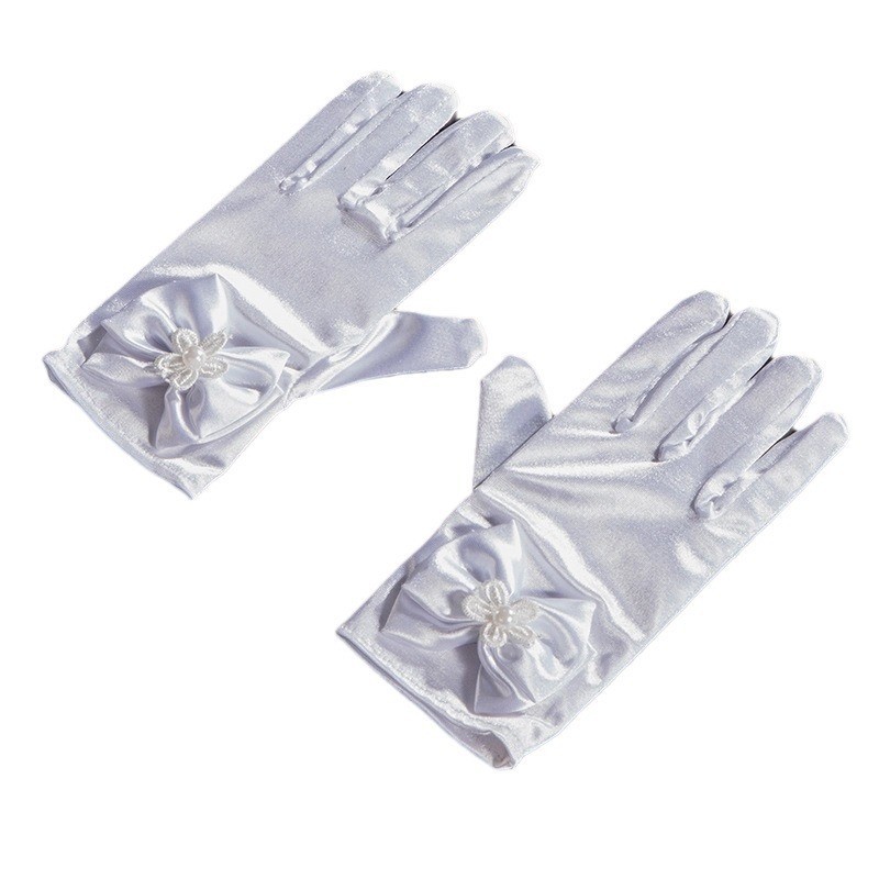 Popular Children's Short Five-Finger Gloves White Powder Rice Red Ding Stretch Satin Cute Bow Gloves
