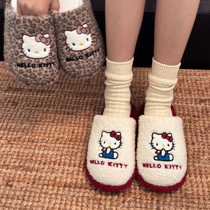 Authentic Kitty Cotton Slippers for Women Winter Indoor Household Non-Slip Warm Fleece-Lined Cartoon Sanrio Furry Slippers