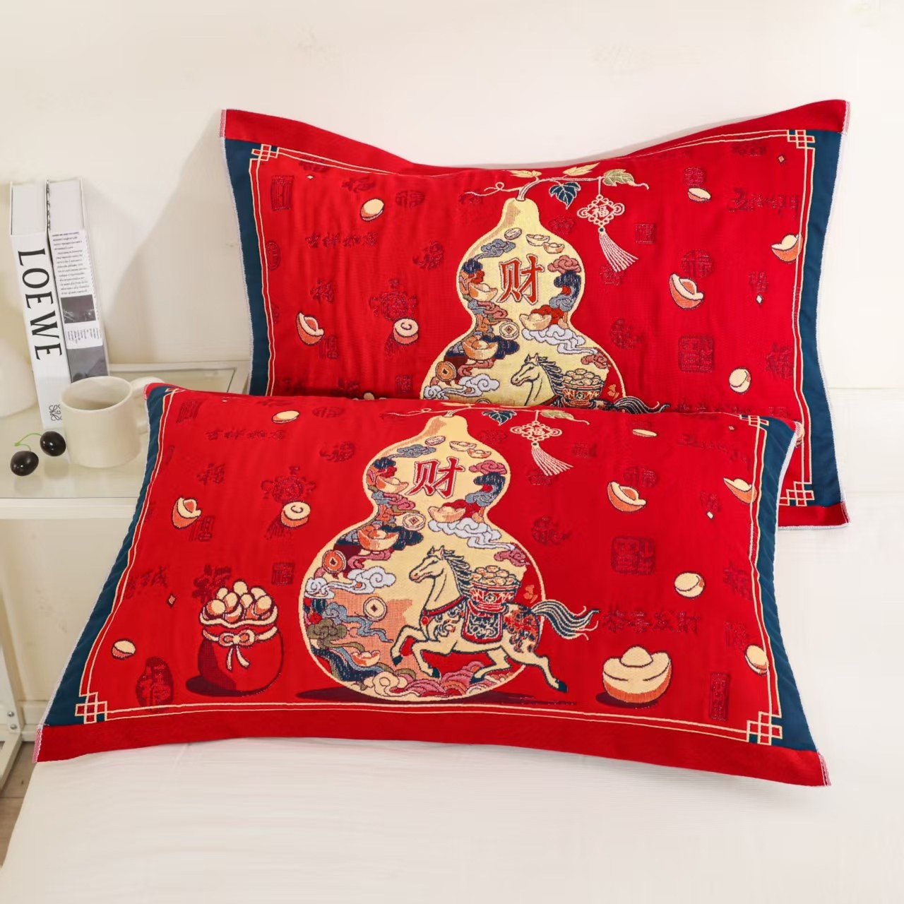 Year of the Horse Festive Red Pure Cotton Gauze Pillow Towels, a Pair of Cartoon Cute Anti-Sweat Thickened Cotton Pillow Towels