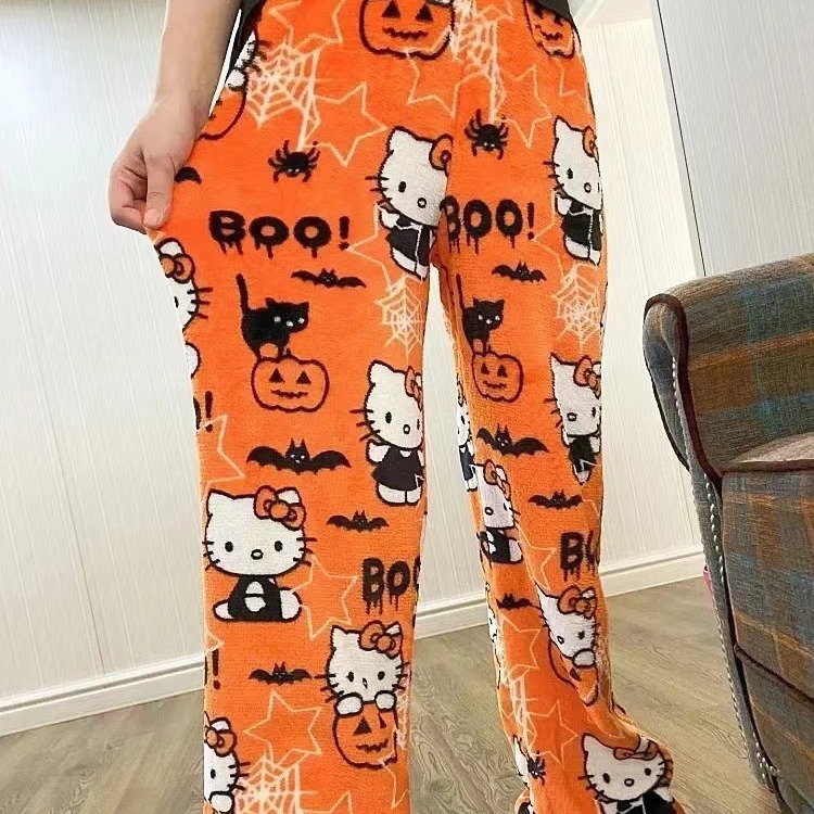 Cross-border Halloween fleece-lined Pajama Pants Women's Home Casual Autumn and Winter Loose Flannel Pants Home Casual Outer Wear
