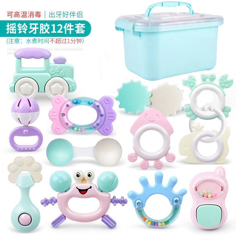 Cross-border Amazon Newborn Baby Rattle Teeth Gel Baby Toy 0-1 Year Old Molar Bite Boiled Bed Bell Accessories