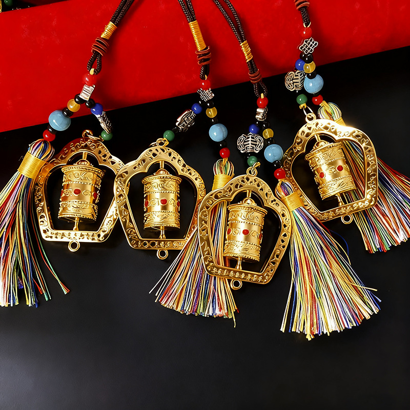 Scenic Spot Gift Accessories Car Tassel Pendant Xizang-Style Prayer Wheel Creative Xizang-Style Alloy Car Hanging Wholesale Factory