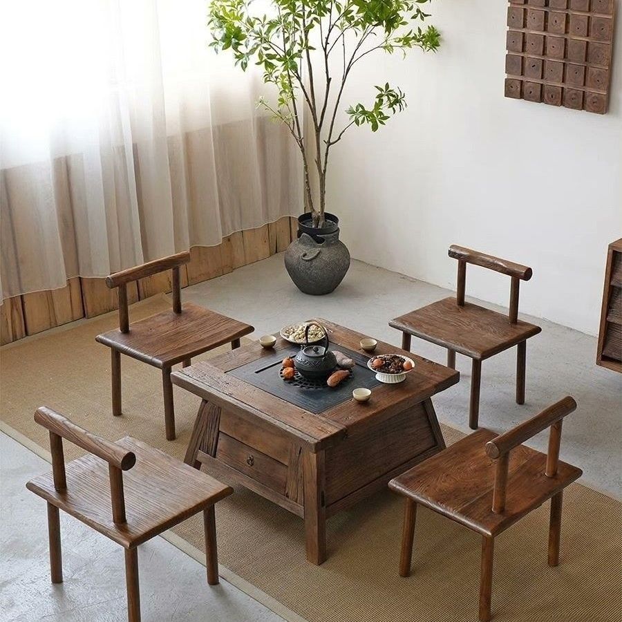 Стол для заваривания чая в стиле ваби-саби с плитой для уличного двора, угольная плита из массива дерева для гостевого дома, барбекю, стол для хот-пота, квадратный стол из старого пня