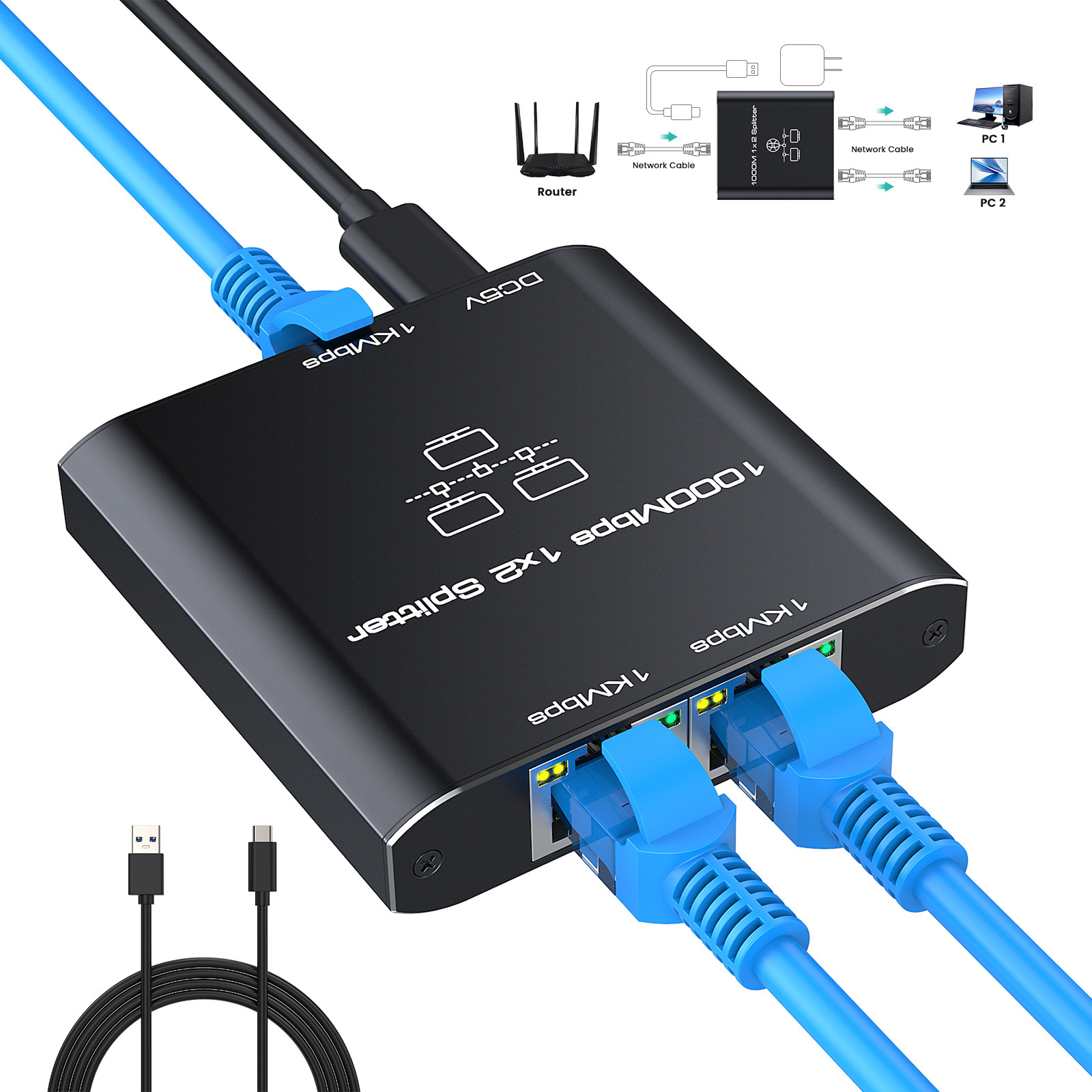 Gigabit RJ45 Network Splitter Broadband Routing Switch 1000M One-to-Two Network Cable Splitter Extender