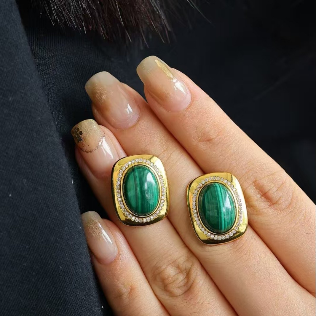 Natural Malachite S925 Silver Medieval Vintage European and American Retro Gold Earrings French Elegant and Simple Design