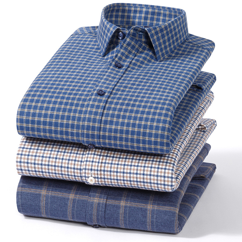 Autumn and Winter Pure Cotton Sanding Plaid Shirt Men's fleece-lined Thickened Wrinkle-Resistant Warm Shirt All Cotton Middle-Aged and Old Dad's Clothes