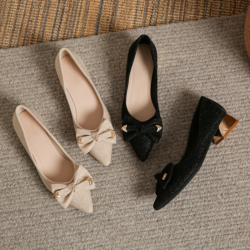 2024 Spring New Evening Shoes French Thick Heel High Heels Pointed Toe Single Shoes Women's Medium Heel Large Size Shoes 40-43 Women's Shoes