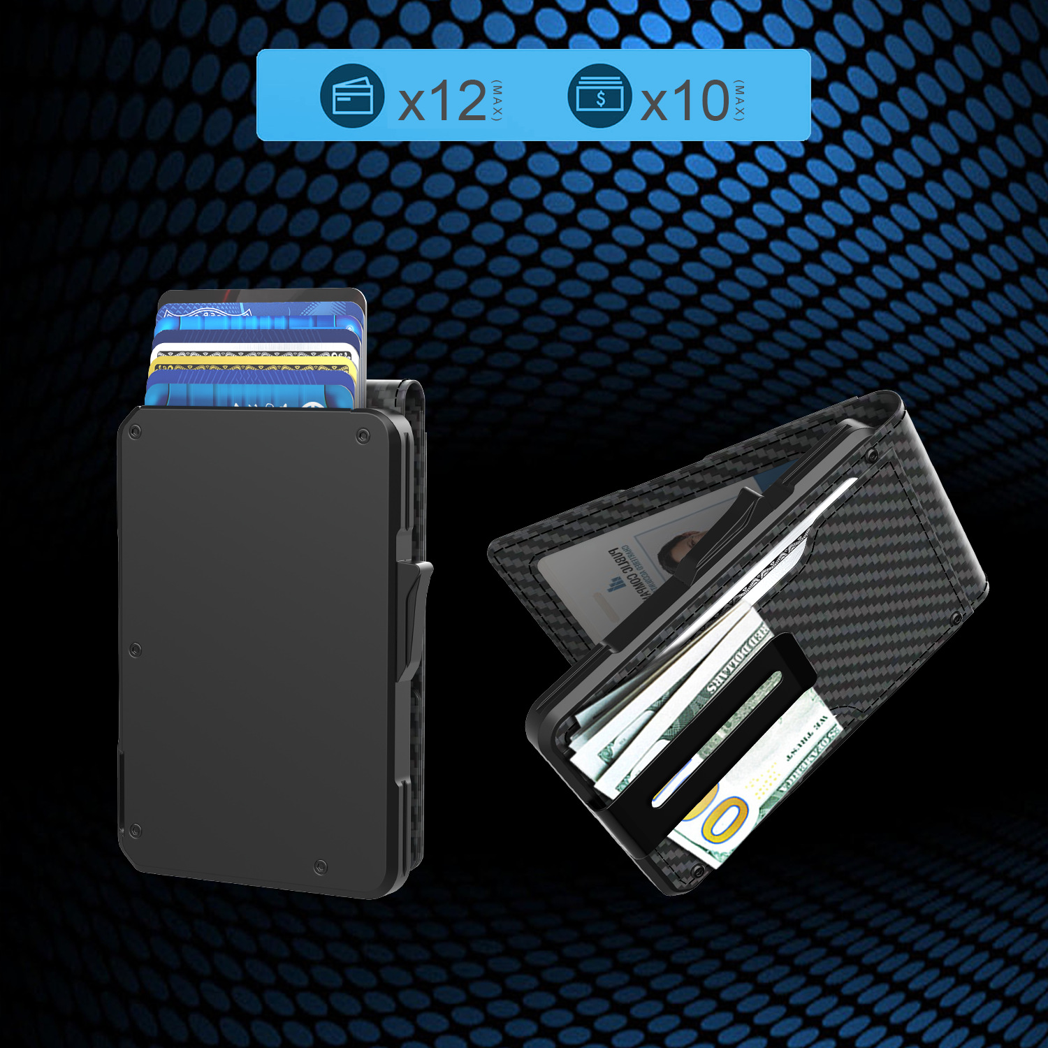 New men's carbon fiber wallet, card holder, with cash clip, aluminum alloy card holder, can hold 13 cards