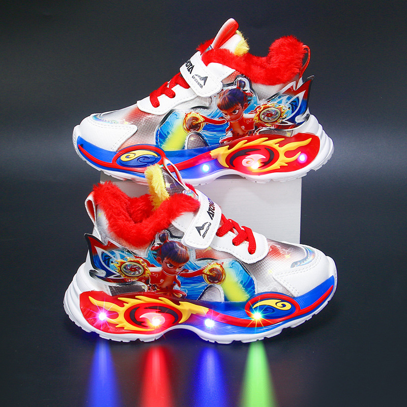 Wholesale Nezha Light-Up Boys' Sneakers 2025 Autumn and Winter New Leather Surface Warm Baby Soft-Soled Children's Running Shoes