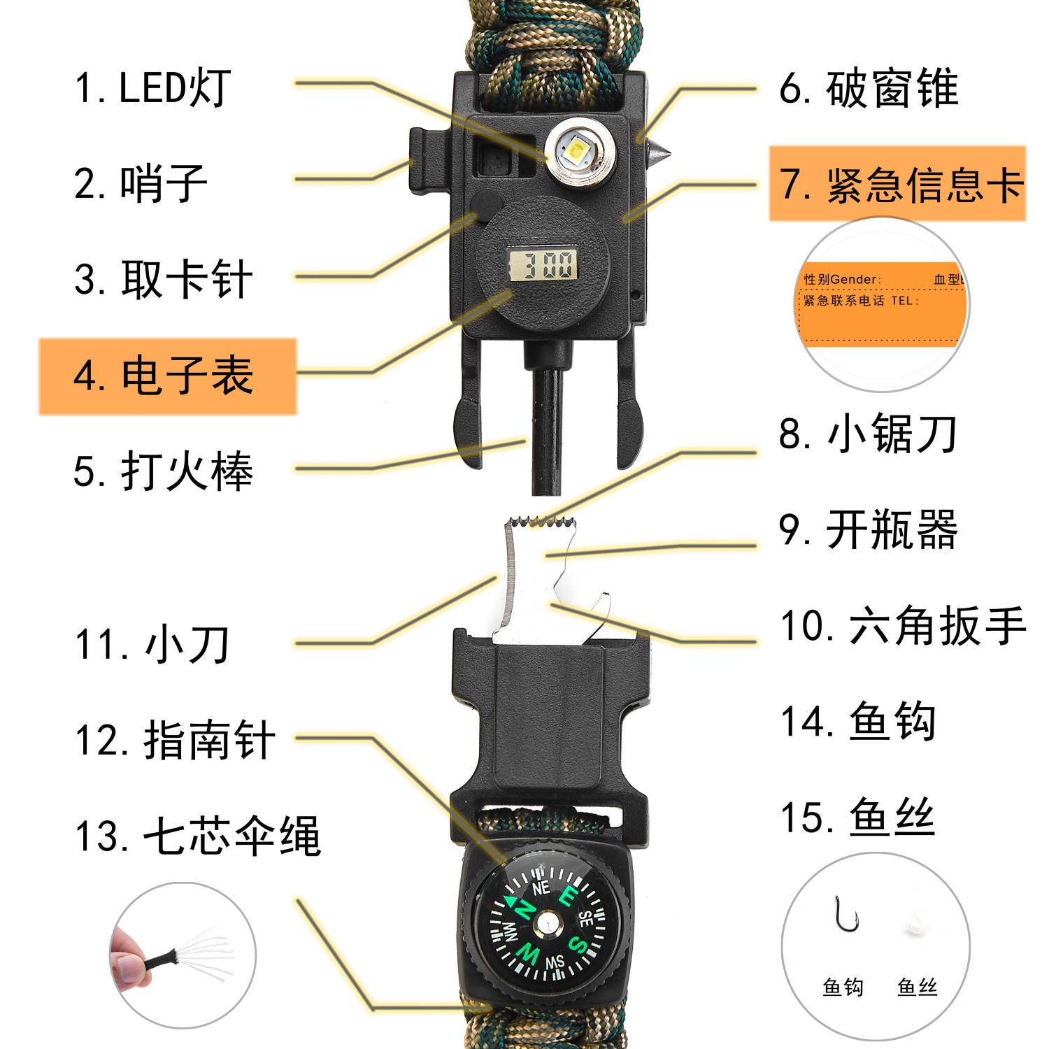 15-in-one electronic watch multi-function survival bracelet umbrella rope bracelet earthquake outdoor compass broken window cone flint