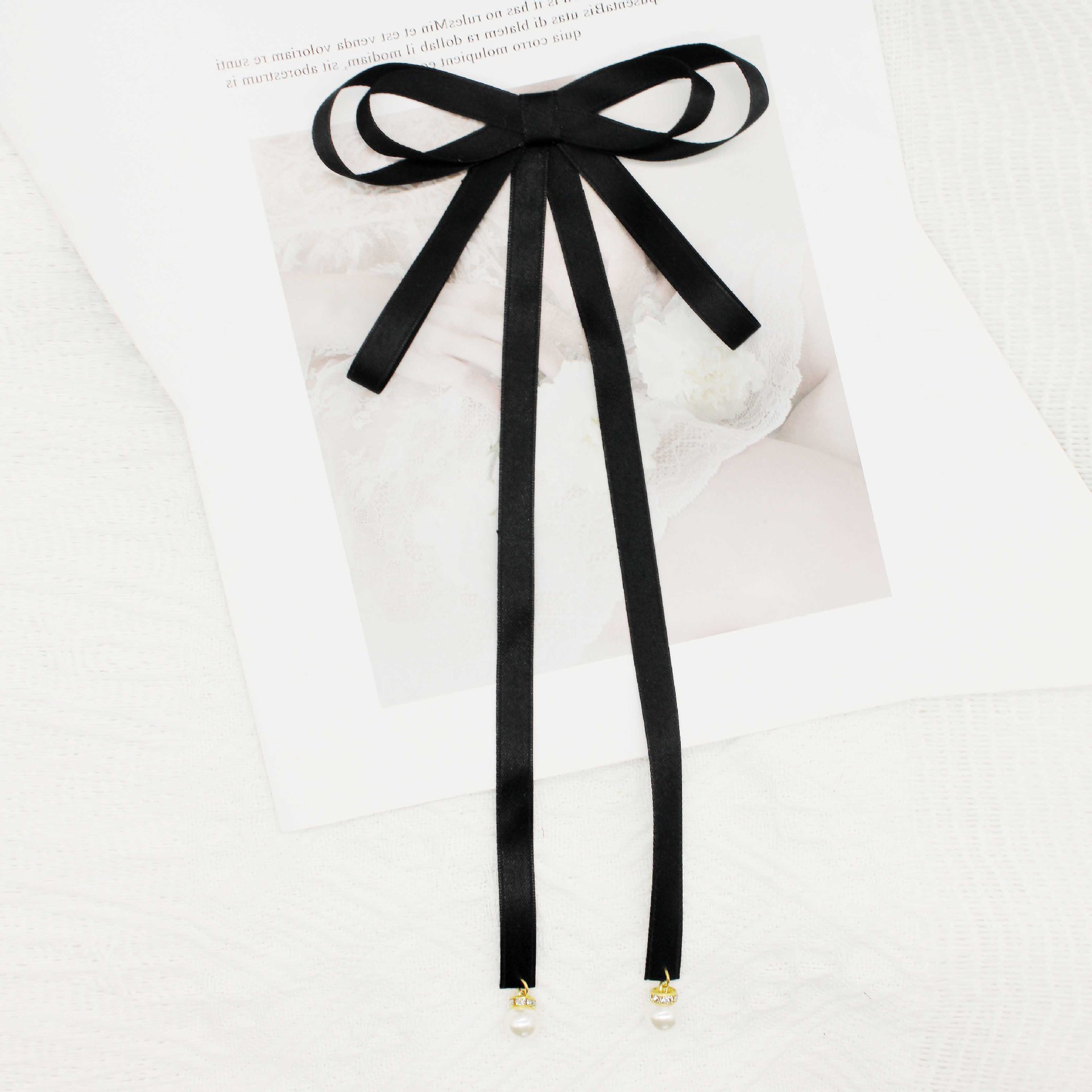 Lace Bow Tie Long Piao Lace Accessories South Korea Black Chanel Style Diamond Collar Academy Style Hair Accessories