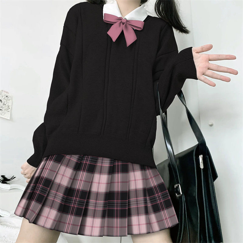[Powder Fog Sea] jk Uniform Original Lattice Skirt Academic Style Women's Pleated Skirt Skirt Black Powder Student
