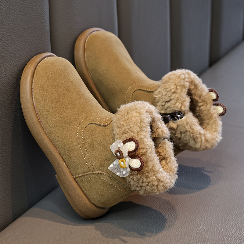 Sweet and Stylish Tulle Lace Bow Decorated Girls Toddler Warm Cotton Boots 2025 Winter Leather Boots