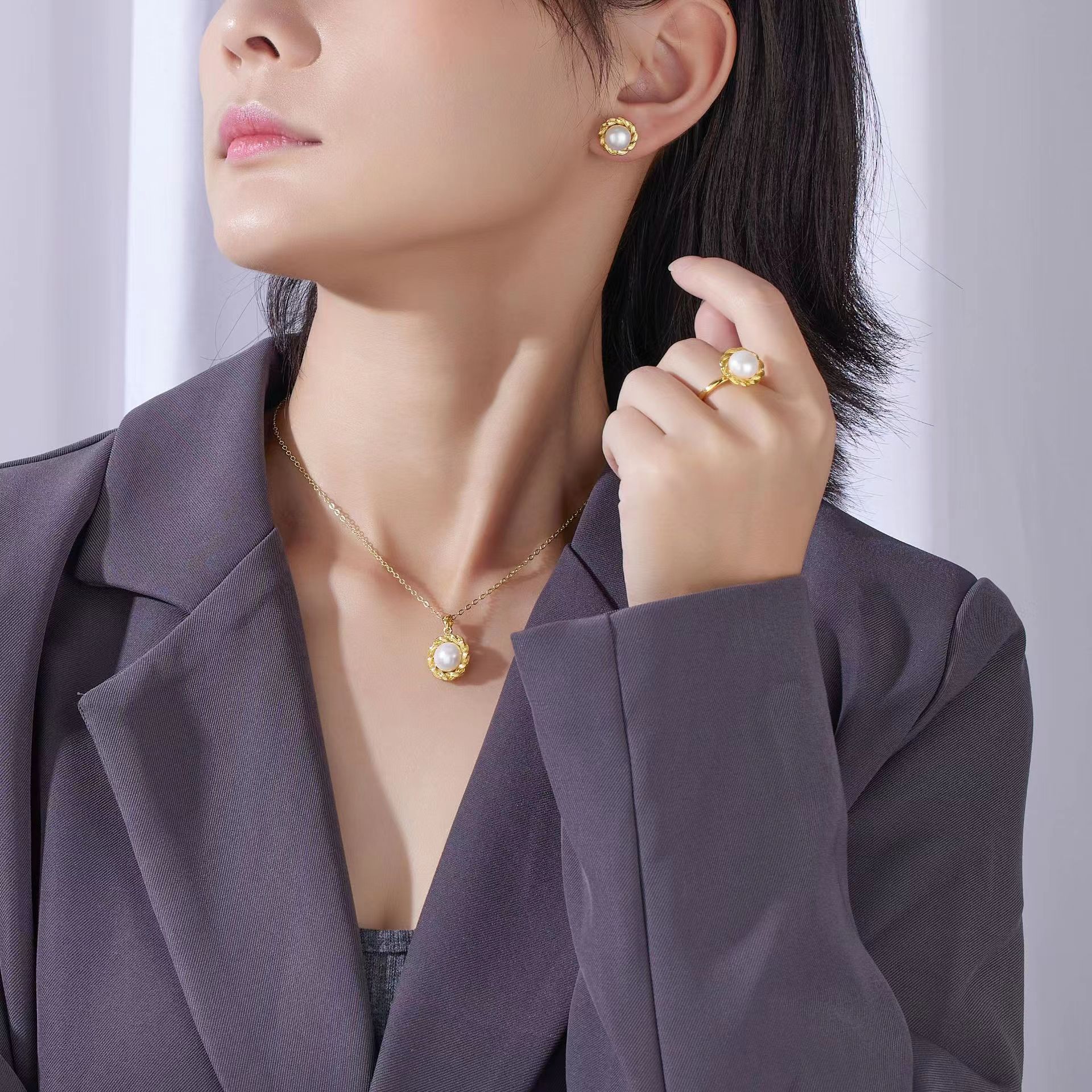 Jewelry Freshwater Pearl Earrings Ring Pendant suit Fashion Light Luxury All-match Ethnic Style suit Women's Pearl