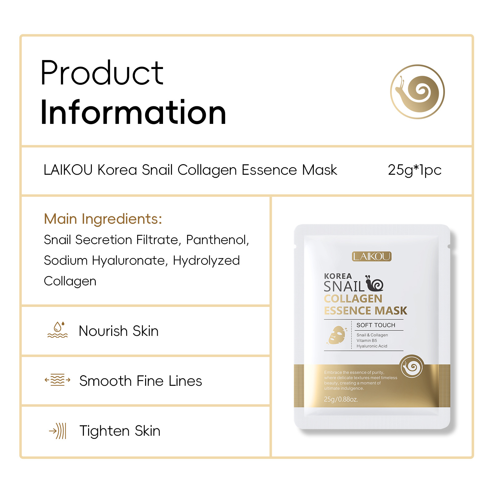 Cross-Border Laikou Korean Snail Protein Mask 25g Patch Mask Export Mask Full English in Stock
