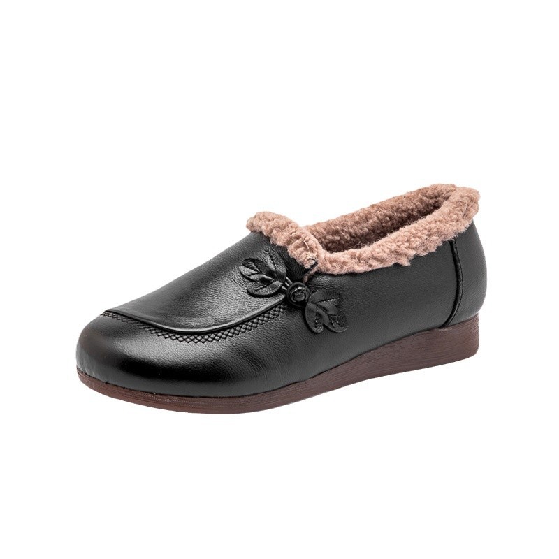 Autumn and Winter Middle-aged and Elderly fleece-lined Shoes Beef Tendon Soft Bottom Flat Heeled Shoes for the Elderly Thickened Genuine Leather Warm Moms Shoes Mao Mao Shoes