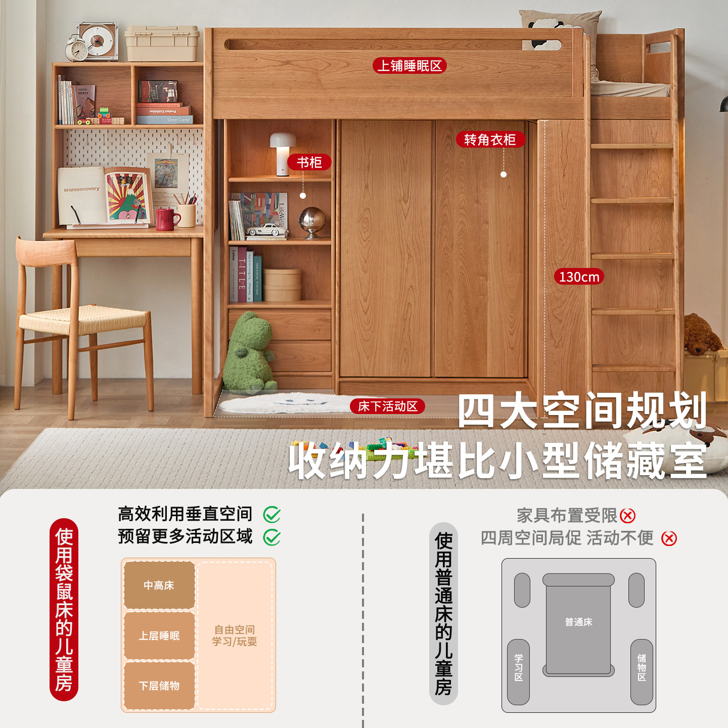 All-Wood Children's Bed Wardrobe Integrated Half-Height Bed for Boys and Girls Small Apartment with Storage Solid Wood Combination Bed
