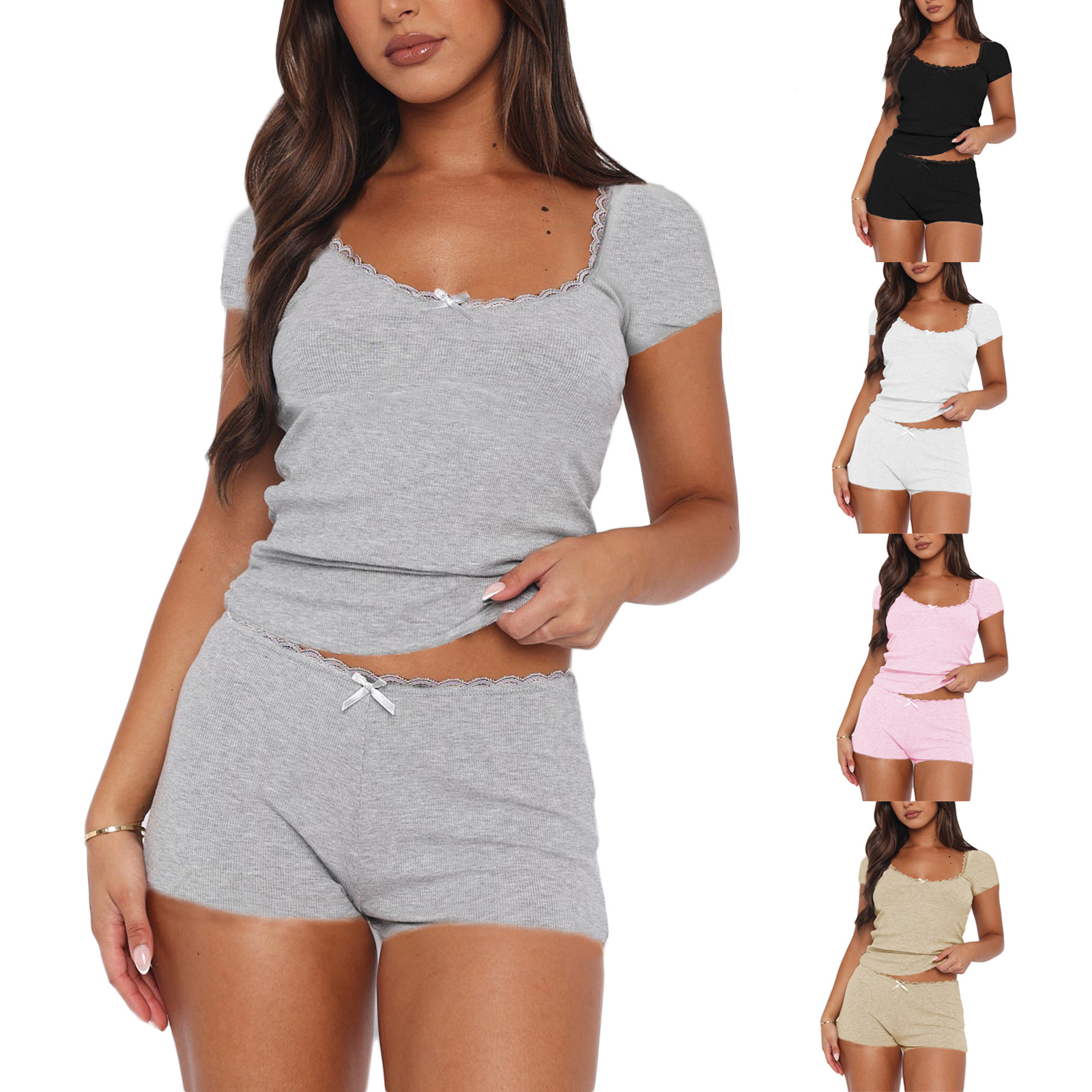 Летний комплект из двух предметов с кружевной отделкой и квадратным вырезом, облегающий, разноцветный, для женщин