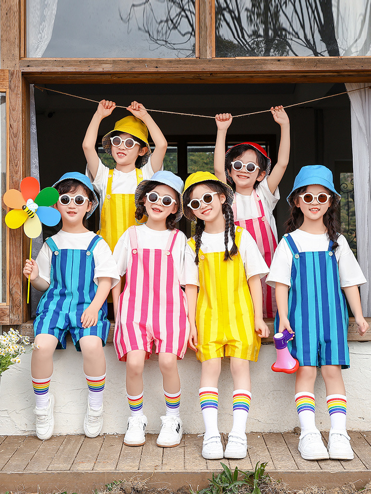 Kindergarten Recitation Chorus Performance Clothing Group Dance Cute Colorfulful Overalls Kidsren's Cheerleading Performance Clothing Summer