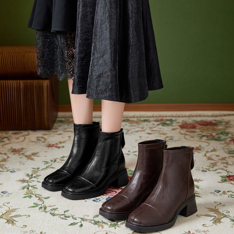 2118 Invisible Inner Heightening 8cm Square Toe Thick Heel Short Boots for Women Autumn and Winter Fleece-Lined British Style Retro Fashion Boots