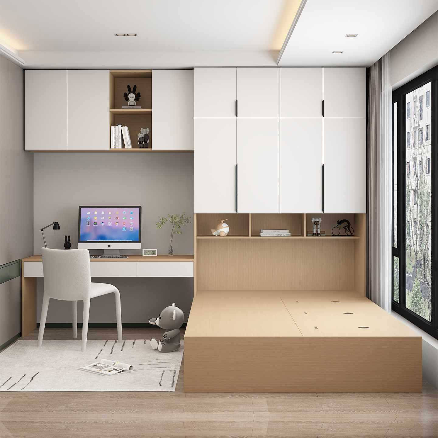 ✅ Wardrobe Bed with Desk Integrated Bed Small Apartment Bedroom Tatami Storage Combination Bed with Desk Vertical Cabinet Bed Set