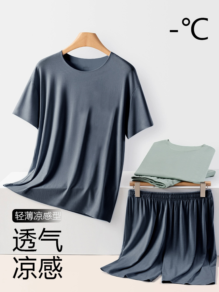 Summer men's and women's round neck seamless comfortable soft suit pajamas new couple ice silk home clothes