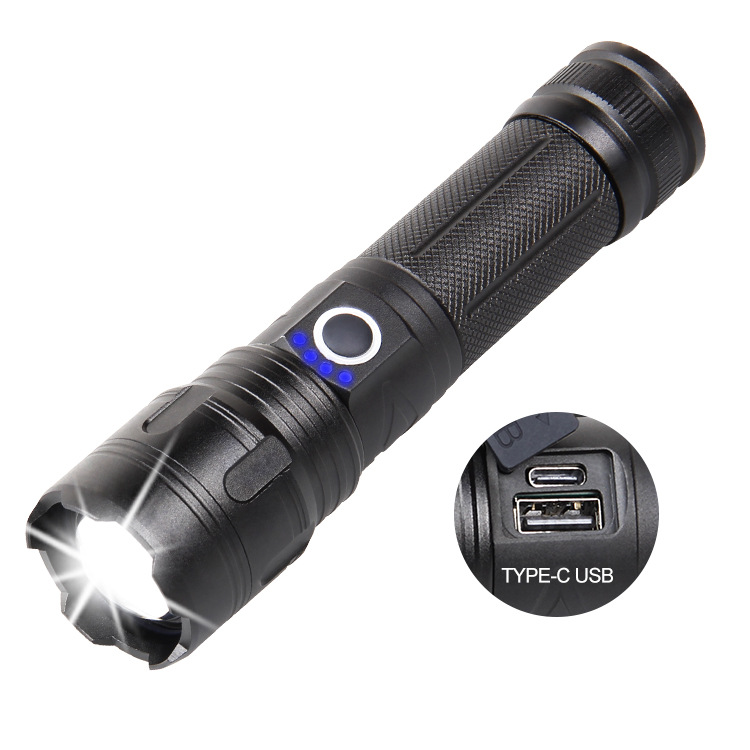 Cross-border P70 flashlight Type-C charging strong light USB charging output long-range telescopic LED outdoor flashlight