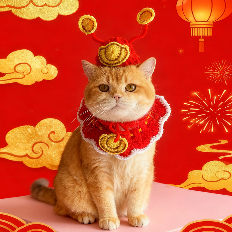 Pet New Year Set Hand-Knitted Wool Warm Cat Scarf New Year Dog Decoration Red Accessories Hat