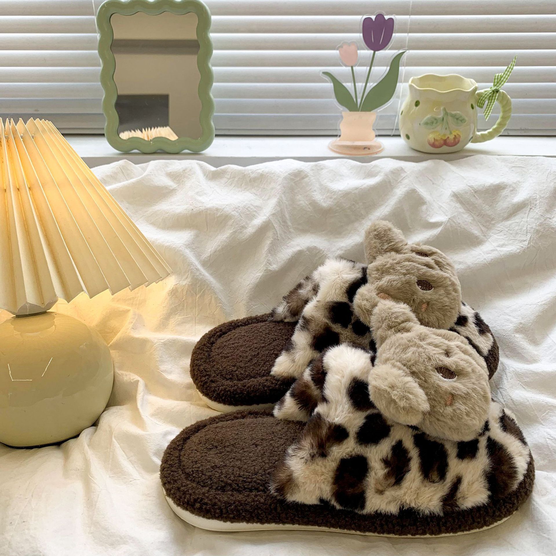 Thick-Soled Cute Versatile Leopard Print Fur Slippers for Women 2024 New Autumn and Winter Outer Wear Non-Slip Soft-Soled Toe-Cap Cotton Slippers