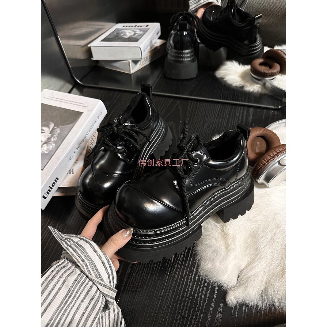 European Genuine Leather Thick-Soled Small Leather Shoes for Women, British Style Round-Toe Lace-Up Derby Shoes, Small Height-Increasing Loafers, Flats