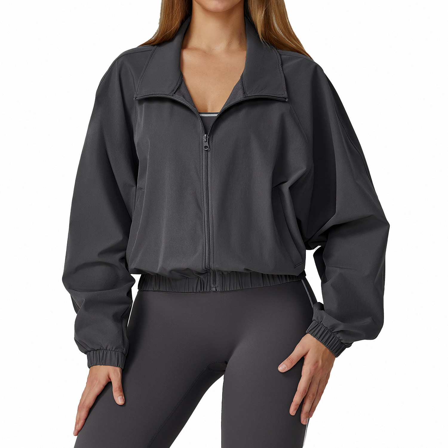 European and American Quick-Drying Stand-Up Collar Sports Jacket Women's Zipper Windproof Outdoor Running Fitness Long-Sleeved Yoga Jacket 2031