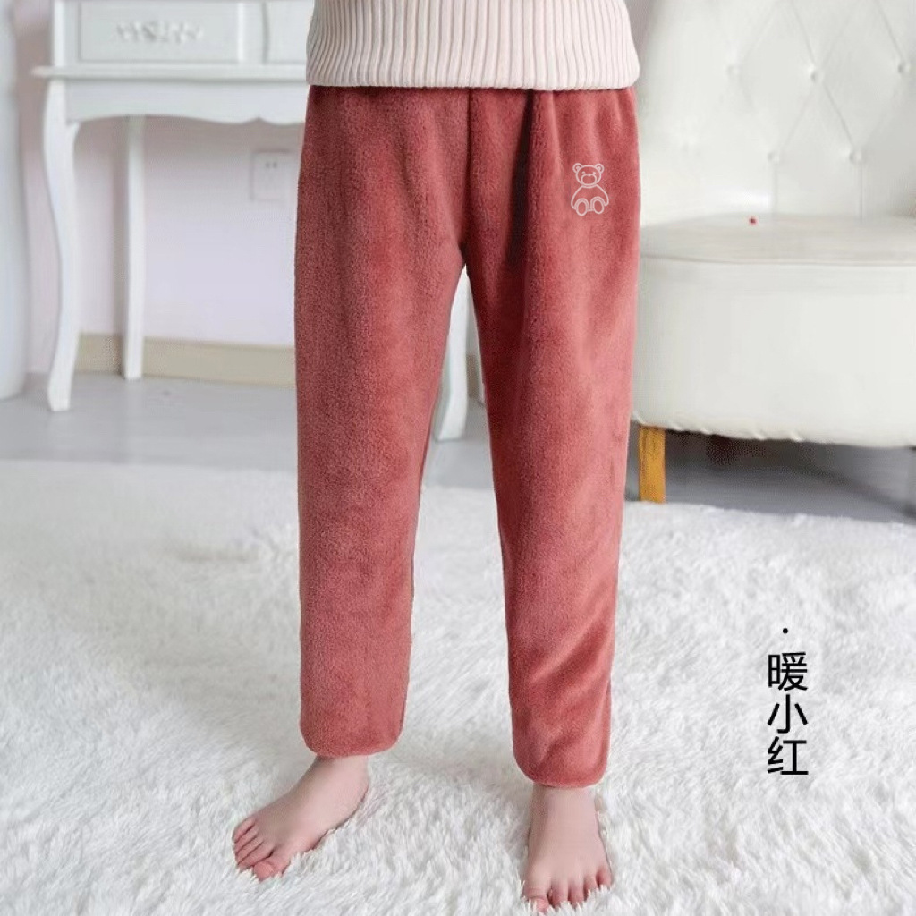 Children's Pajamas Autumn and Winter Coral Velvet Medium and Large Kidsren's Warm Pants Fleece-Lined Thickeneded Double-Sided Velvet Warm Home Pants for Boys and Girls