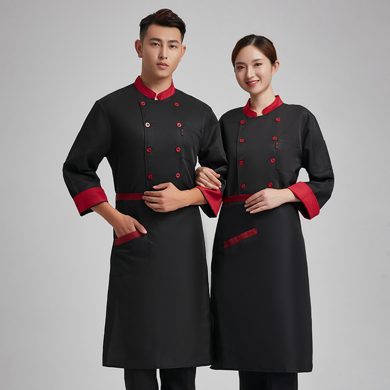 Hotel Restaurant Kitchen Work Clothes Men's plus size Restaurant Rear Kitchen Pure White Chef Clothes Long Sleeve Double-breasted Kitchen Clothes Short