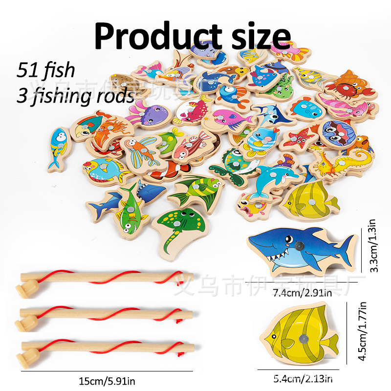 Factory wholesale wooden magnetic fish baby baby hands-on parent-child game kindergarten materials fishing toys 1