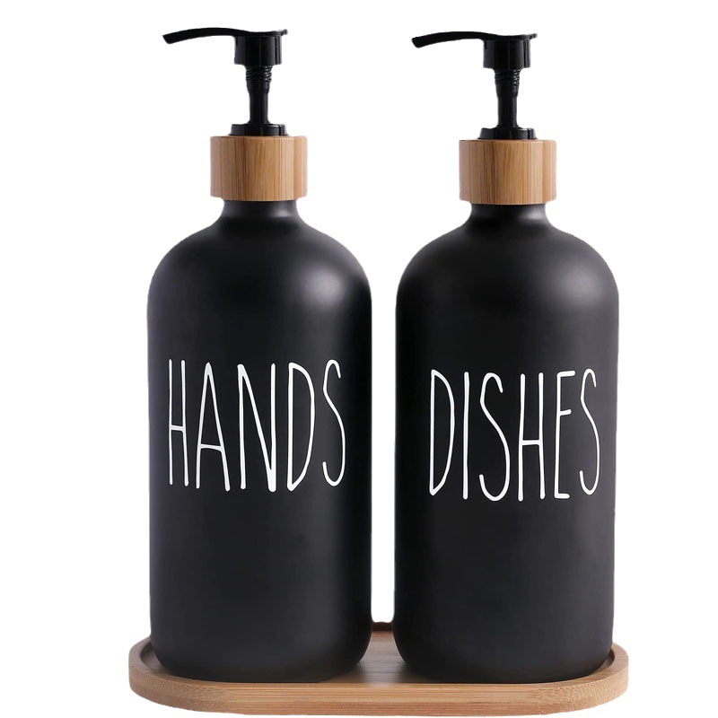 Amazon Glass 500ml Boston Hand Sanitizer Pump Black and White Bottles Wooden Cap Soap Dispenser Shampoo Bottle