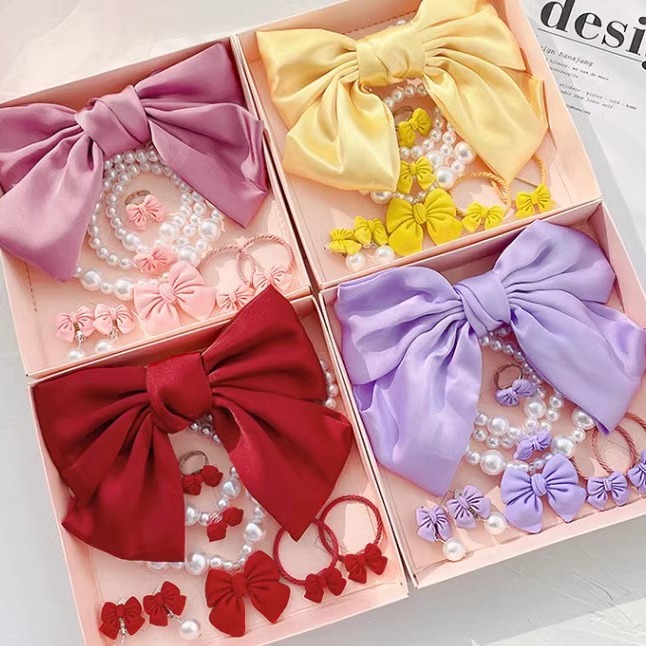 Children's pearl necklace suit big bow ponytail hairpin top clip girls necklace ear clip ring jewelry wholesale