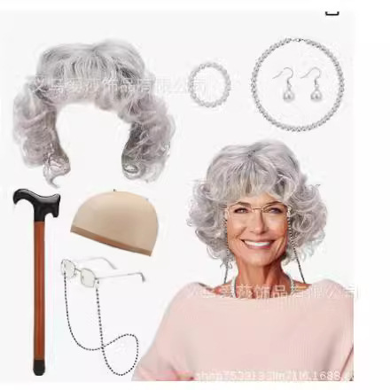 Серый парик для пожилой женщины, короткие кудрявые волосы, парик для Хэллоуина