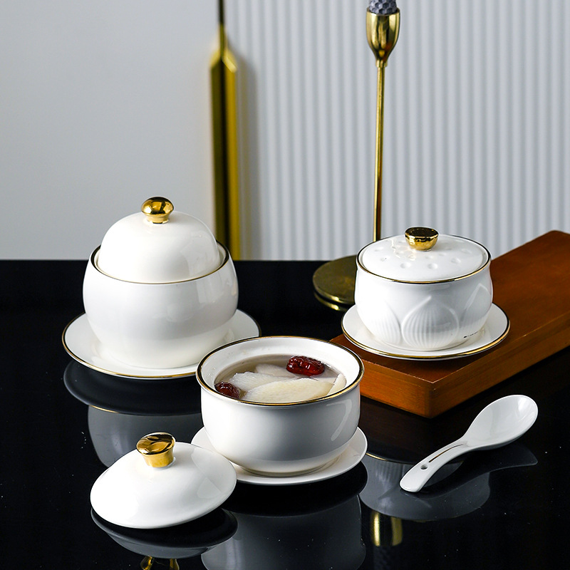 Restaurant Hotel Ceramic Stew Pot with Lid Water-proof Stew Bird's Nest Bowl Soup Pot Commercial Steamed Egg Bowl Stew Pot with Lid