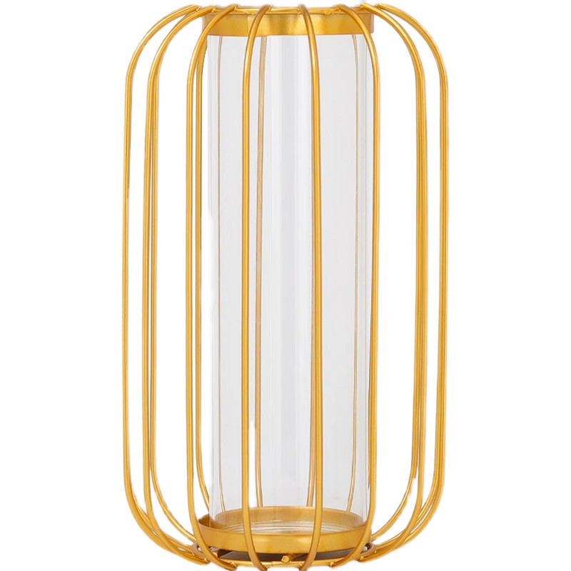 Wrought Iron Geometric Glass Test Tube Lantern Hydroponic Vase Home Living Room Wine Cabinet Desktop Decoration Green Flower Insert Ornaments