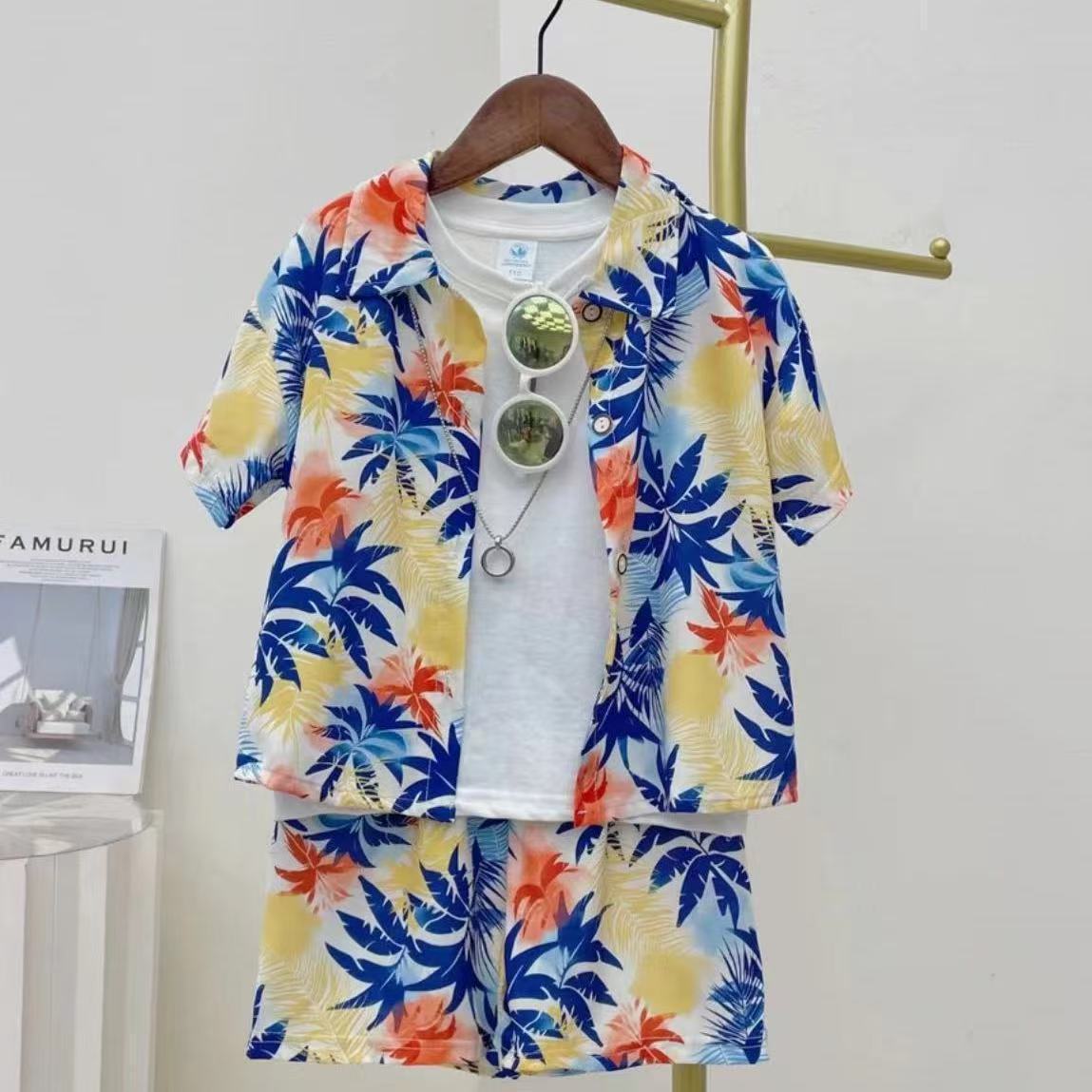 Boys and Girls Summer Beach Suit New Hawaiian Style Island Suit Children's Handsome Style Shirt Shorts Set Trendy
