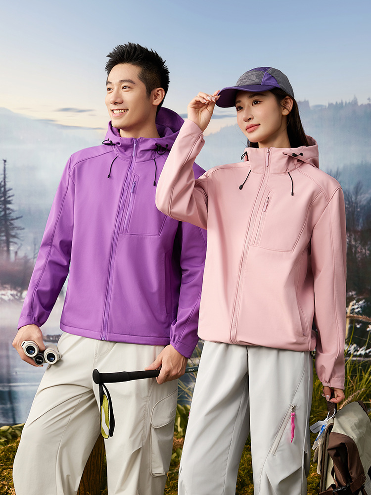 Autumn and Winter Soft Shell Hooded Jacket, Wear-Resistant and Windproof, Classy Team Uniform Zipper Jacket, Cross-Border Pure Color Printed Logo Trend